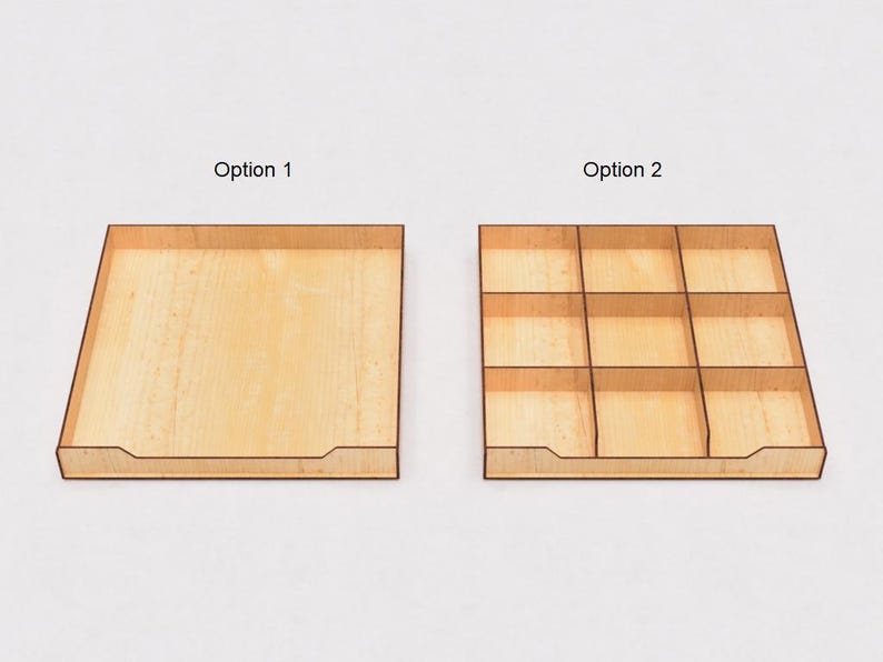 May include: Two wooden trays, one with a single compartment and the other with nine compartments. The trays are both light brown and have a slightly textured surface. The text "Option 1" is above the single compartment tray and the text "Option 2" is above the tray with nine compartments.