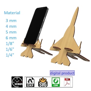 Soporte para teléfono cortado con láser, Avión, Figurilla de madera de avión de combate, Soporte para teléfono móvil DIY, Archivos digitales svg, cdr, pdf, dxf