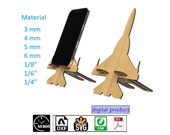 Lasergesneden telefoonstandaard vliegtuig - jachtvliegtuig houten beeldje - mobiele telefoonhouder DIY - digitale bestanden svg cdr pdf dxf