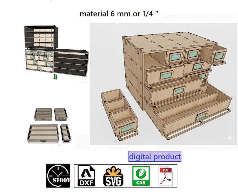 Laser cut modular organizer transformer with drawer, for storage tool, DIY, digital files svg cdr pdf dxf image 1