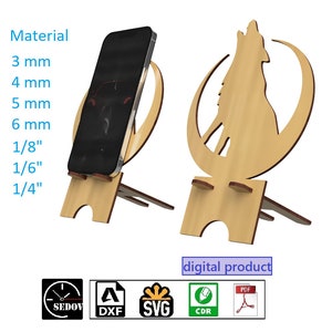 Könnte beinhalten: Ein digitaler Download eines Telefonständer-Designs mit einem Wolf, der zum Mond heult. Das Design ist in den Formaten DXF, SVG und CDR verfügbar. Der Ständer ist aus Holz und kann mit einem Lasercutter geschnitten werden. Das Design ist perfekt für alle, die Wölfe lieben oder ihrer Einrichtung eine einzigartige Note verleihen möchten.