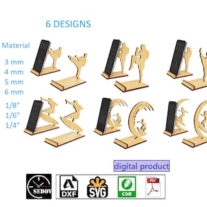 Laser Cut Vorlagen für Handyständer - 6er Set (3 Surfer & 3 Karateformen) - Digitale Dateien in svg cdr pdf dxf