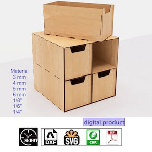Caja cortada a láser con 4 cajones dispuestos en dos filas con orificios para las manos, Organizador de herramientas, Bricolaje, Baúl de escritorio, Caja de pasatiempos, archivos digitales svg cdr pdf dxf