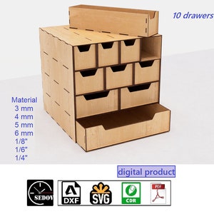 Caixa organizadora cortada a laser com 10 gavetas, caixa para artesanato, baú para armazenamento, faça você mesmo, organizador de hobby, caixas para bordado, arquivos digitais svg cdr pdf dxf
