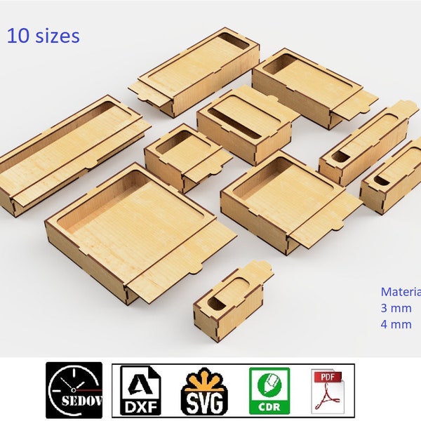 Laser cut Boxes Set with Lid - Slider Box - Storage Lid Box - Template Gift Boxes - Drawers with sliding lids DIY e-files svg cdr pdf dxf