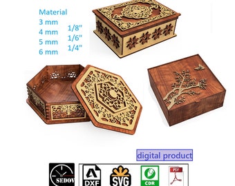 Laser Cut Set of 3 Caskets box- Beautiful Ornament Boxes - Jewelry Gift Boxes - DIY files svg cdr pdf dxf material 3 4 5 6 mm