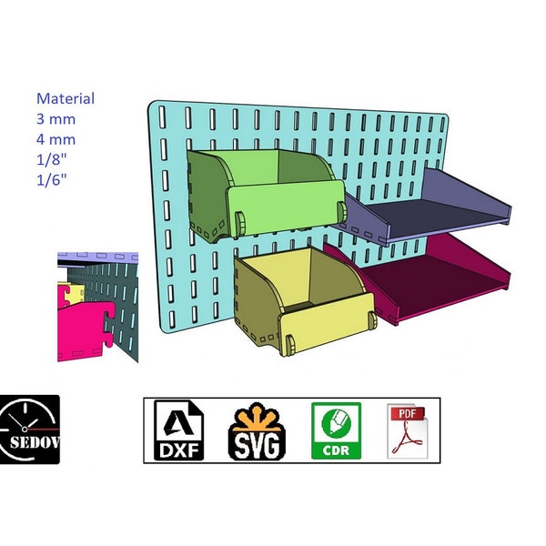 Laserowo wycinany organizer ścienny z półkami do przechowywania narzędzi, zabawek, doniczek lub innych przedmiotów, pliki cyfrowe 3 mm i 4 mm SVG CDR pdf DXF