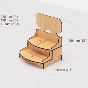 May include: A three-tiered wooden display stand with rounded edges. The stand is 12 inches tall, 7.7 inches wide, and has three shelves measuring 9 inches, 5 inches, and 2.3 inches in length.