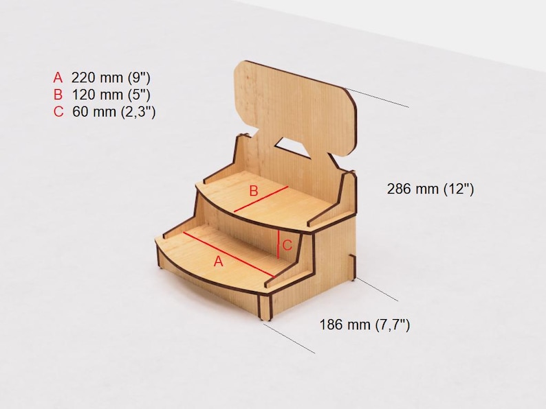 May include: A three-tiered wooden display stand with rounded edges. The stand is 12 inches tall, 7.7 inches wide, and has three shelves measuring 9 inches, 5 inches, and 2.3 inches in length.