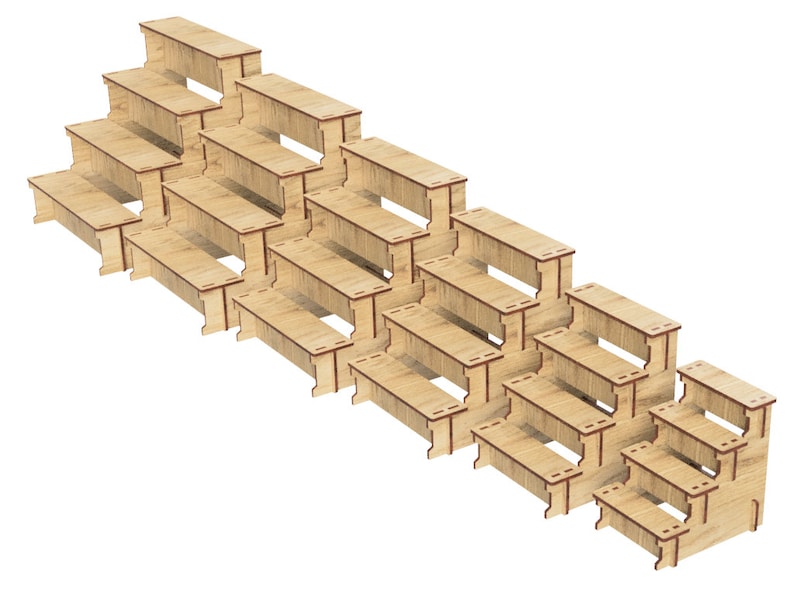 May include: A set of wooden tiered steps, made of light brown wood with red accents. The steps are arranged in a pyramid shape, with the largest step at the bottom and the smallest step at the top.