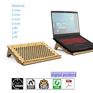 Soporte para computadora portátil cortado con láser con orificios de ventilación - Diseño ergonómico y conveniente, agarre seguro - Archivo vectorial de corte láser DIY svg cdr pdf dxf