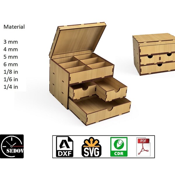 Organizer tagliato al laser per riporre gioielli con cassetti, portagioie in legno, file digitali svg cdr pdf dxf