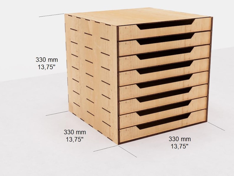 May include: A wooden organizer with eight drawers, each measuring 13.75 inches in width and height. The organizer is made of light wood with a natural finish.