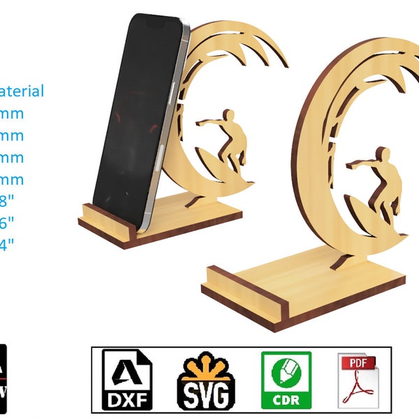 DIY Laser Cut Template: Phone Stand - Surfer Who Caught the Wave, Easy Assembly & Convenience Guaranteed digital files svg cdr pdf dxf