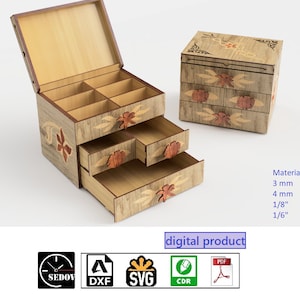 Pudełko z wycinanymi laserowo kwiatami - Piękny organizer na biżuterię z pokrywką - Szkatułka z wzorami 3D lub płaskimi - Prezent dla niej - Pliki elektroniczne DIY svg cdr pdf dxf