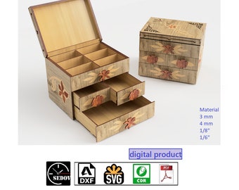 Laser Cut Floral Box - Beautiful Jewelry Organizer with lid - Casket with 3D or Flat Patterns - Gift for Her - DIY e-files svg cdr pdf dxf