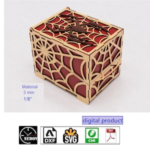 Scatola tagliata al laser con ragnatele e ragno, scatola fai da te, bara con coperchio, scatola di caramelle di Halloween, scatola di gioielli originale, file digitali svg cdr pdf dxf