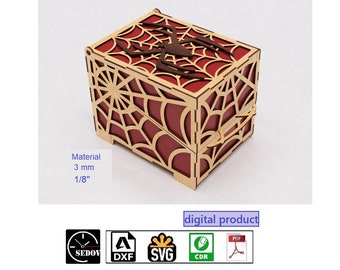 Laser cut Box with Webs and a Spider, DIY box, Casket with Lid, Halloween Candy Box, Original Jewelry Box, digital files svg cdr pdf dxf