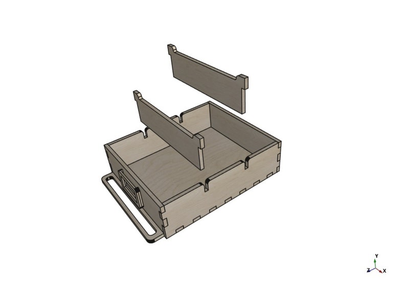 May include: A wooden box with a handle and two removable dividers. The box is made of light brown wood and has a natural finish.