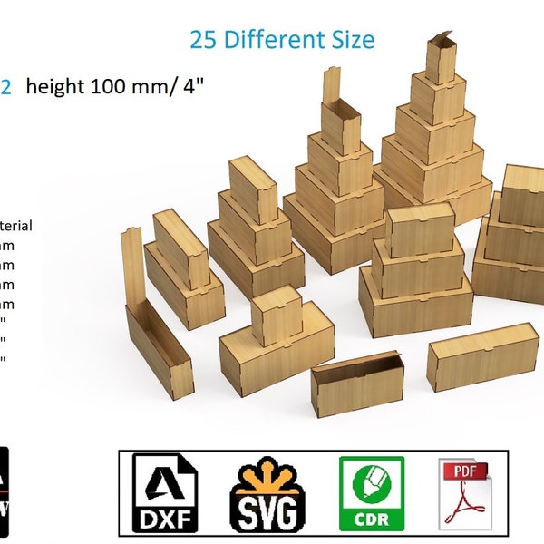 Laser cut Box Set Packaging and Storage solution height 100 mm 25 different sizes DIY digital files svg cdr pdf dxf