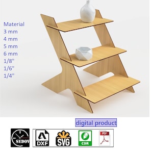 Scaffale a tre livelli tagliato al laser per vetrina di negozi, ufficio o spazio di lavoro domestico - Display portatile - Stand merci a 3 livelli e-file svg cdr pdf dxf