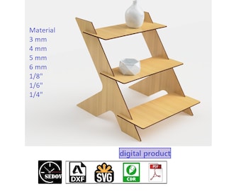 Laser Cut Three Tier Shelf for Store Showcase, Office, or Home Workspace - Portable Display - 3-level Goods Stand e-file svg cdr pdf dxf