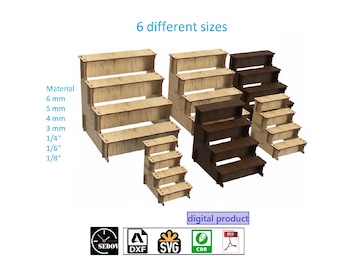 Laser cut Retail Display Stand Shelf Set 6 Different Sizes Showcase for Storing and Displaying Goods in Your Store DIY file svg cdr pdf dxf