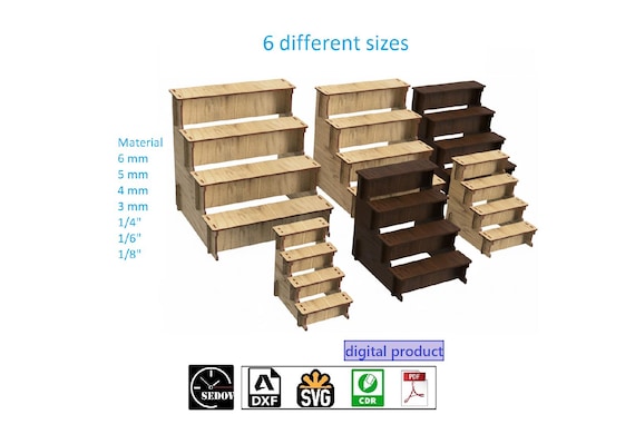 Laser cut Retail Display Stand Shelf Set 6 Different Sizes Showcase for Storing and Displaying Goods in Your Store DIY file svg cdr pdf dxf