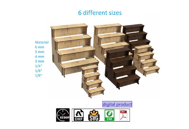 Laser cut Retail Display Stand Shelf Set 6 Different Sizes Showcase for Storing and Displaying Goods in Your Store DIY file svg cdr pdf dxf image 1
