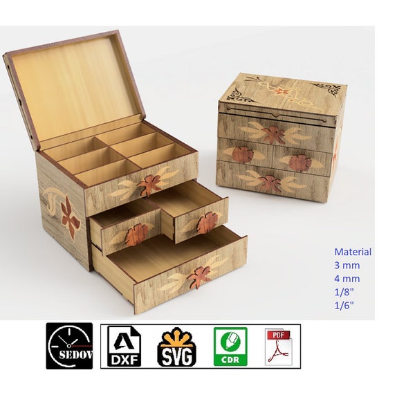 Laser Cut Floral Box - Beautiful Jewelry Organizer with lid - Casket with 3D or Flat Patterns - Gift for Her - DIY e-files svg cdr pdf dxf