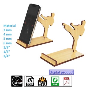 Portacellulare tagliato al laser, supporto per figura di karate, statuetta di karateka design elegante statuetta e pratico supporto per file digitali fai da te in formato svg cdr pdf dxf