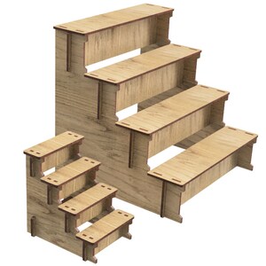 May include: Two wooden step stools, one with four steps and the other with three steps. The larger stool is made of light brown wood and has a natural wood finish. The smaller stool is made of a darker brown wood and has a more rustic finish.