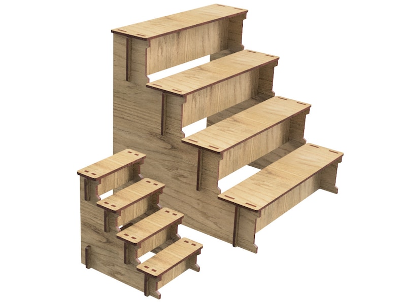 May include: Two wooden step stools, one with four steps and the other with three steps. The larger stool is made of light brown wood and has a natural wood finish. The smaller stool is made of a darker brown wood and has a more rustic finish.