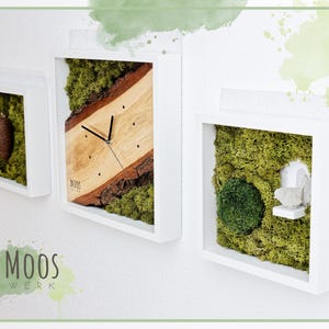 Three-part modern cuckoo clock as a moss picture | Clock in Black Forest design | A unique piece made of moss & wood - a piece of nature for your home.