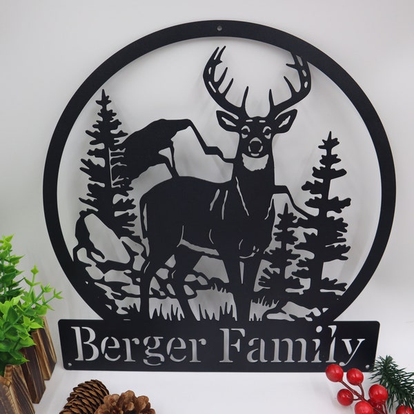 Personalized Family Deer in Forest Metal Sign - MetalsignHK - Custom Family Name - Rustic Home Decor - Embrace Nature's Charm!