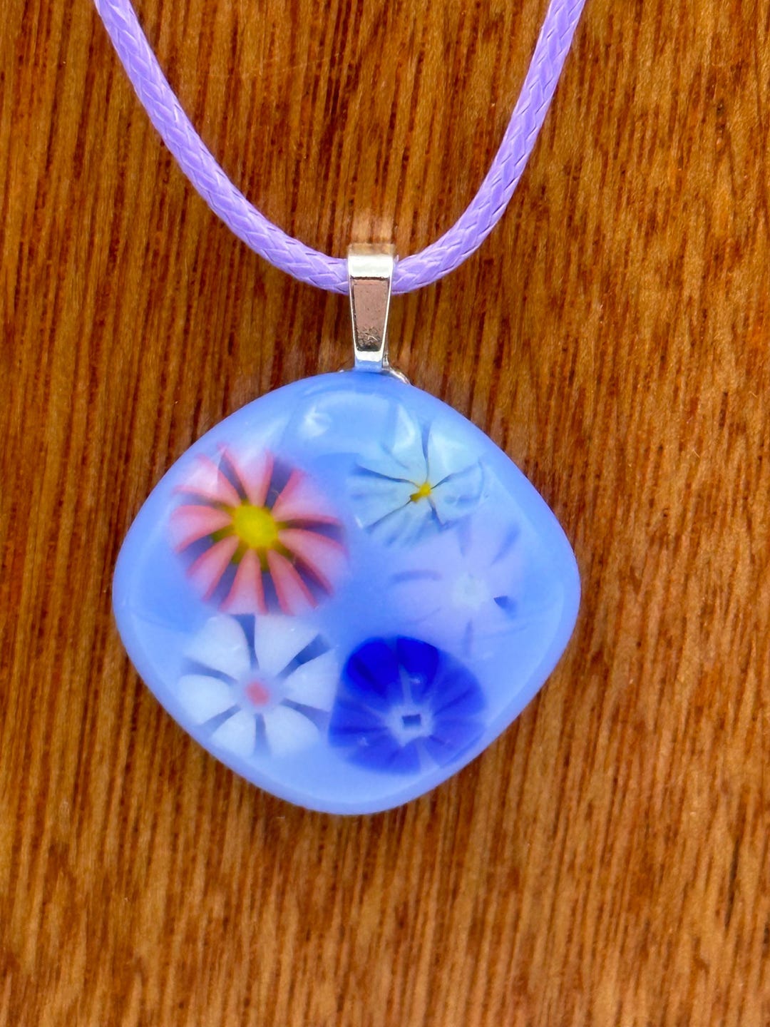Hand Crafted Floral Periwinkle Design Fused Glass Pendant and Earring ...