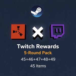 Może przedstawiać: Ciemnoniebieska grafika z logo Steam, białym krzyżem i logo Rust i Twitch. Tekst brzmi "Twitch Rewards 5-Round Pack" z numerami przedmiotów i "45 Items".