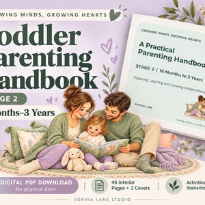 Puede incluir: Un manual digital en formato PDF titulado Toddler Parenting Handbook Stage 2 18 Months-3 Years. La portada presenta una ilustración de dos adultos y un niño pequeño leyendo juntos sobre una alfombra, con el texto Growing Minds, Growing Hearts.