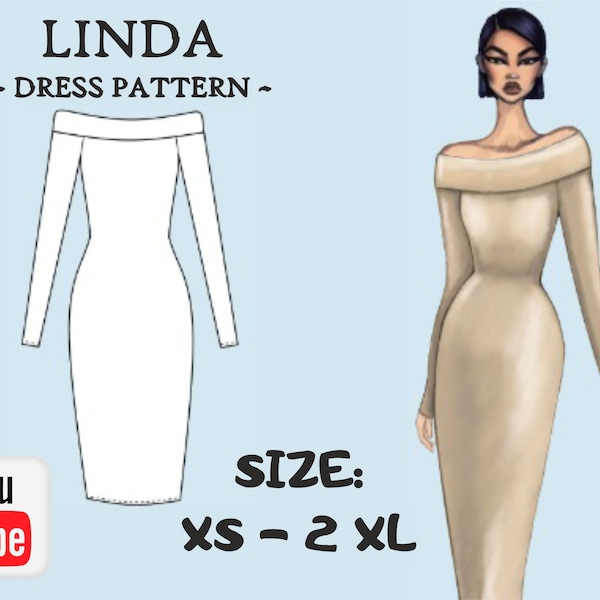 LINDA Lady dress Off shoulder dress sewing pattern for women, PDF Digital pattern