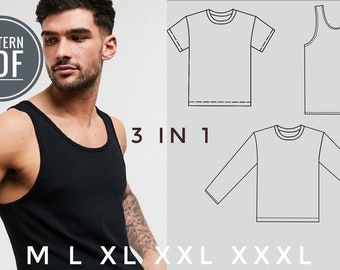 Basic men pattern 3 in 1, Long sleeve men, undershirt men, T-shirt Men, Sew Pattern, undershirt, T-shirt and long sleeve No instructions A4