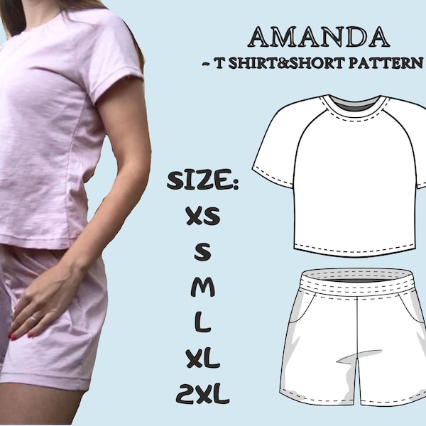 Amanda T-Shirt and shorts Two piece  Sewing patterns for women Basic PDF Woman suit pdf Pack Size XS -  2XL