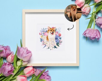 Hand-Drawn Framed Pet Portrait with Floral Design