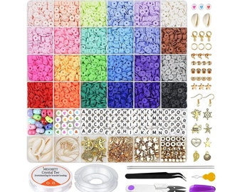 6000 PCS Clay Beads for Bracelet Making,24 Colors 6mm Flat Round Polymer Clay Beads with Pendant Charms Kit Letter Beads and Elastic Strings