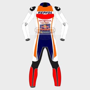 May include: White leather motorcycle racing suit with orange, blue, and red accents. The suit has the logos "Repsol", "Honda", "Satu Hati", "Red Bull", and "Michelin".