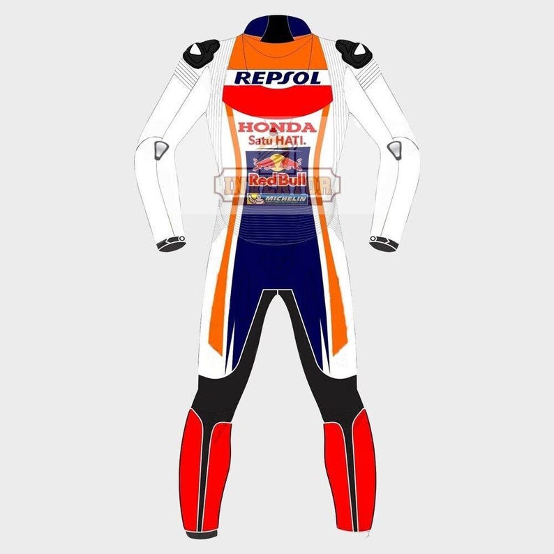 May include: White leather motorcycle racing suit with orange, blue, and red accents. The suit has the logos "Repsol", "Honda", "Satu Hati", "Red Bull", and "Michelin".