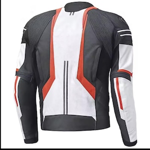 Pode incluir: Uma jaqueta de moto de couro preta, branca e vermelha com um design esportivo.