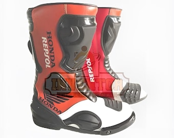 Honda Repsol Premium Quality Handmade Motorbike Boots|Custom Made Motorbike Racing Riding Leather Boot
