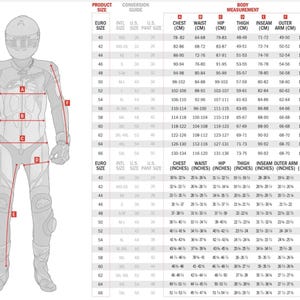 May include: A size chart for motorcycle racing suits with measurements in inches and centimeters. The chart shows the conversion between European, International, and US sizes for jackets and pants. It also includes body measurements for chest, waist, hip, thigh, inseam, outer arm, and height.