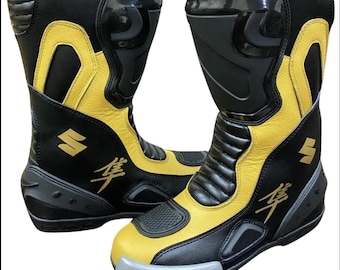 Handmade Suzuki Motorbike Leather Boots|Custom Made Motorbike Racing Riding Leather Boot