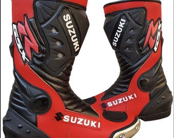 Handmade Suzuki Motorbike Leather Boots|Custom Made Motorbike Racing Riding Leather Boot